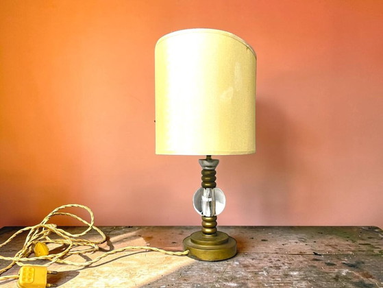 Vintage Hollywood Regency Inspired Brass Table Lamp With Silk Rum Lampshade – Textile (photo 5 of 12)