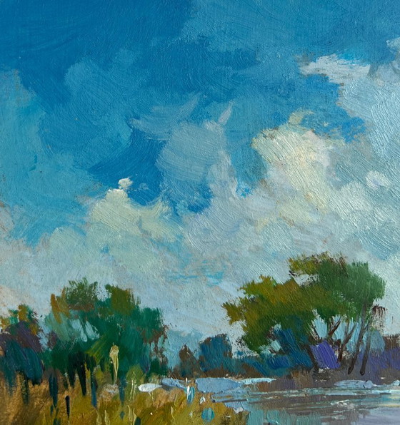 Image 1 of Origineel olieverfschilderij: Zomers rivierlandschap na een lange dag in de natuur.