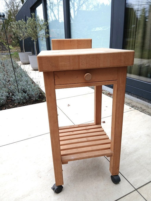 Solid oak kitchen trolley with chopping block/drawer/knife block.