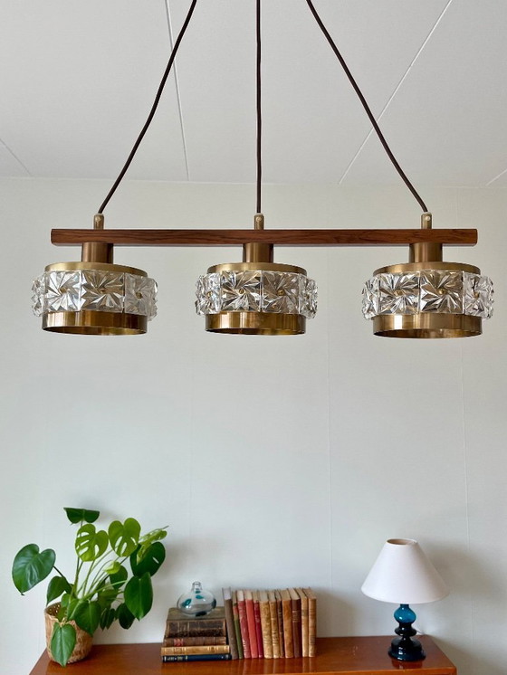 Image 1 of Mid Century, 1960s Carl Fagerlund Attributed teak & Brass Chandelier with Crystal Glass Shades