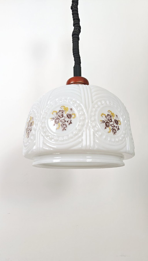 Vintage country-style kitchen pendant light from the 1970s, Yugoslavia, floral opal glass, hanging lamp, retro chandelier with p