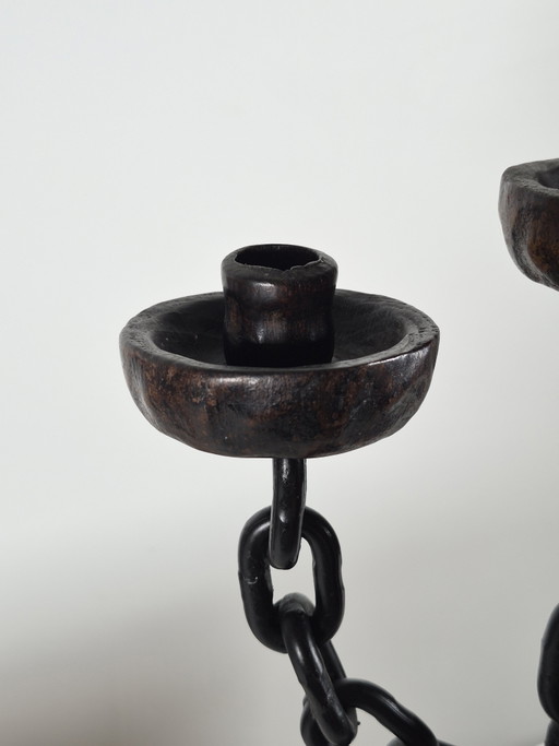 Chandelier espagnol brutaliste vintage à trois flammes avec décoration en chaîne