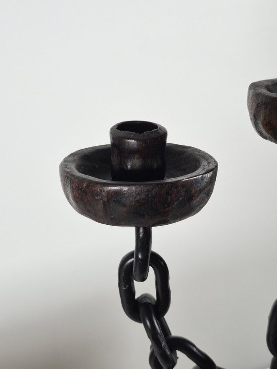 Candeliere vintage in stile brutalista spagnolo a tre fiamme con decorazione a catena. – Portacandele, Metal (photo 2 of 13)