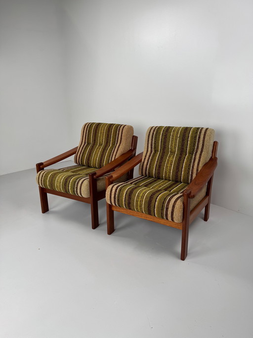 Pair of Danish easy chairs – teak frame with original striped upholstery
