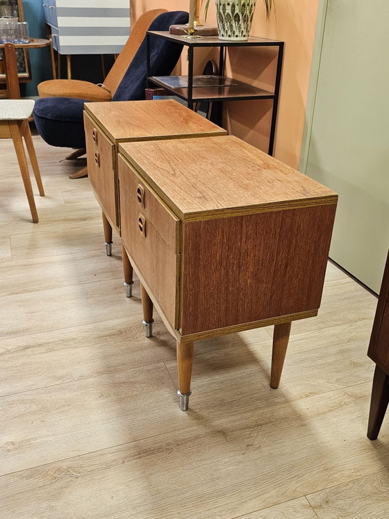 Set of 2 Teak Veneer Nightstands Nightstand Cabinet Drawer, Wood, Brown (photo 4 of 12)