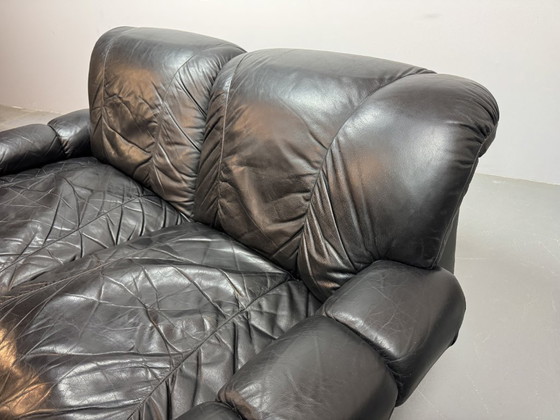 Image 1 of Beautiful Big Black Leather Postmodern Italian Design Space Age 2-Seat Lounge Sofa with Brass Buttons and Playful Cord Lacing.