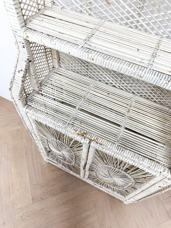 Image 1 of Vintage rattan wicker arch cabinet with sunflower motif