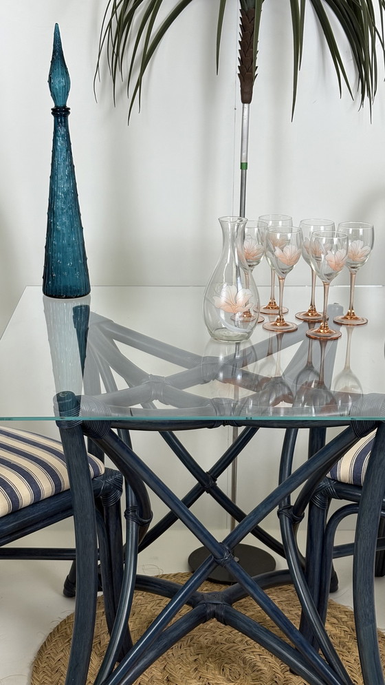 Image 1 of Vintage set eighties manou bamboo chairs dining table top glass