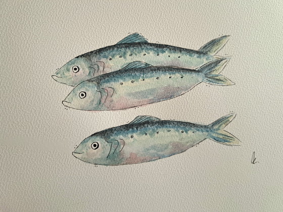 Image 1 of Watercolor painting of sardines | Gold-colored frame