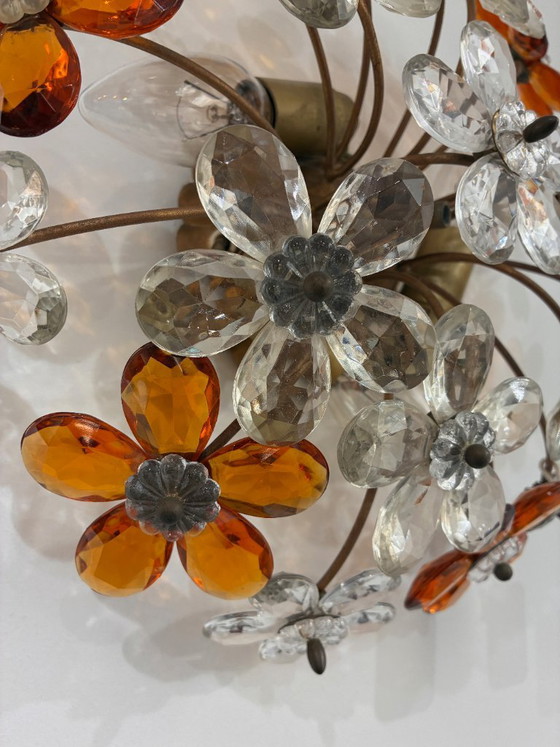 Wandlamp/plafondlamp toegeschr. Baguès ca. 1970, heldere en amberkleurige geslepen glazen bloemen – Wandlampen (photo 8 of 8)