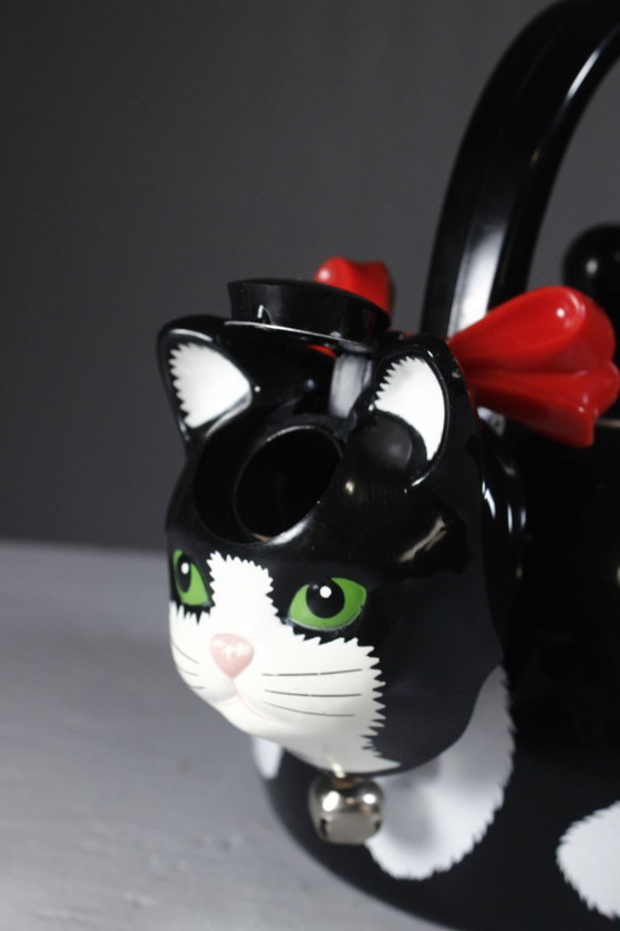 Image 1 of Vintage teapot from Via Ancona NYC, 1997, shaped like a black cat with a bell