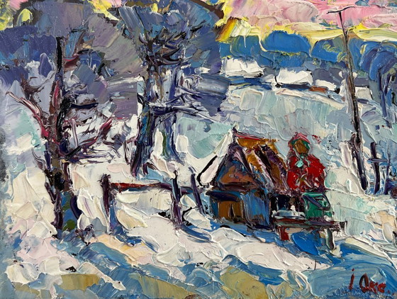 Image 1 of Original Oil Painting Winter Village Landscape The icy breath of the morning
