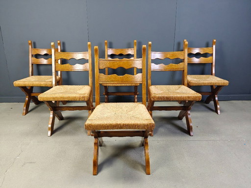 Spanish oak and wicker dining chairs, set of 6 - 1960s 