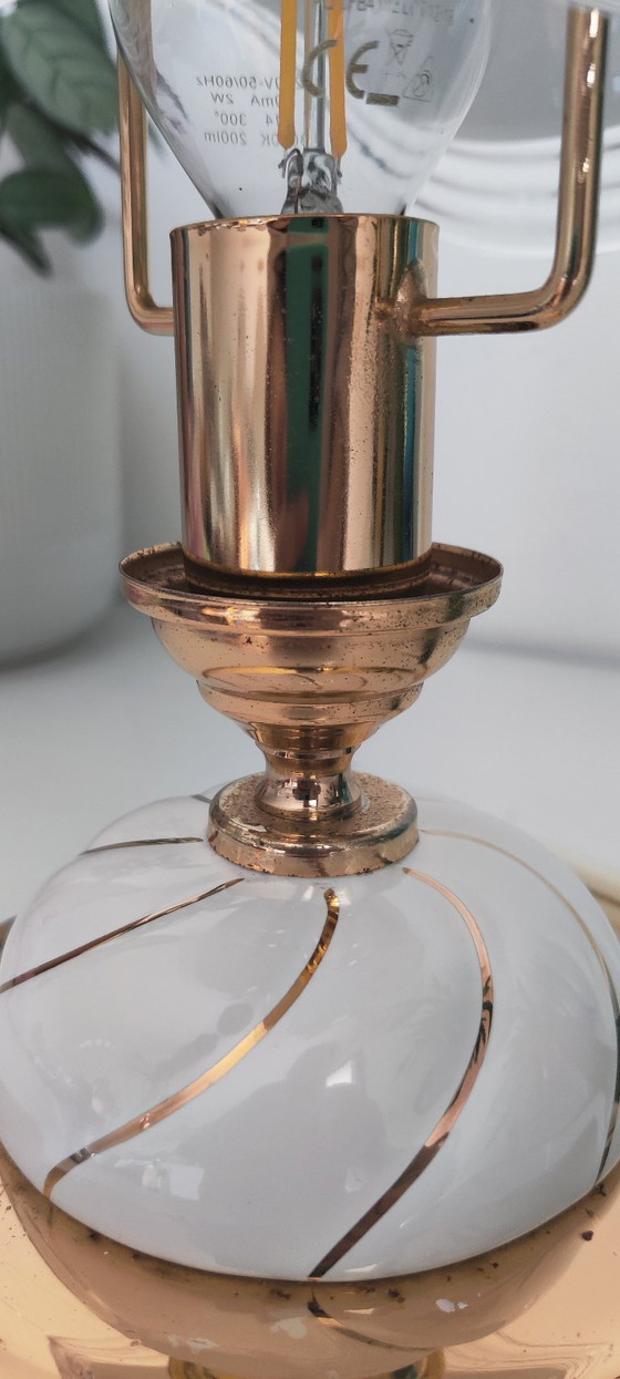 Image 1 of Vintage Hollywood Regency Table Lamps, Set of 2, Wavy Ribbed Opaline Glass, White and Gold Retro Bedside Lighting