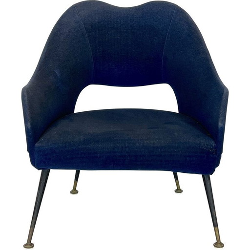 Poltrona vintage italiana in tessuto blu e ottone, anni '50