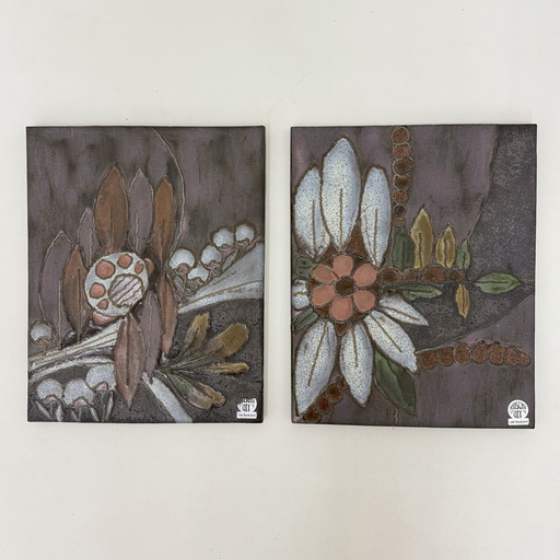 Plaques murales florales en céramique Rusha Handarbeit, 1970