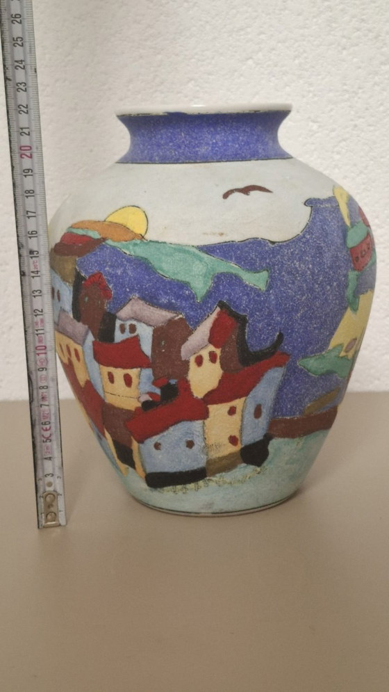 Image 1 of Hand-Painted Ceramic Vase – Colorful Village Scene – Signed Limosse