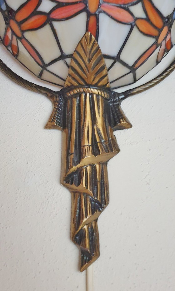 Image 1 of Unieke oude tiffany / glas in lood wandlamp met Dragonfly's