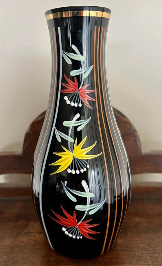 Rare! Vase en verre noir peint à la main, style Mid-Century typique, excellent état, signé 213/5 – Glass (photo 2 of 3)