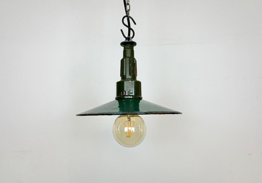Industrial Petrol Enamel Military Pendant Lamp with Cast Aluminium Top, 1960s