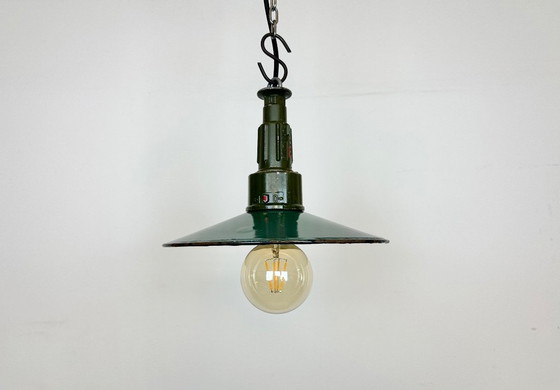 Image 1 of Industrial Petrol Enamel Military Pendant Lamp with Cast Aluminium Top, 1960s