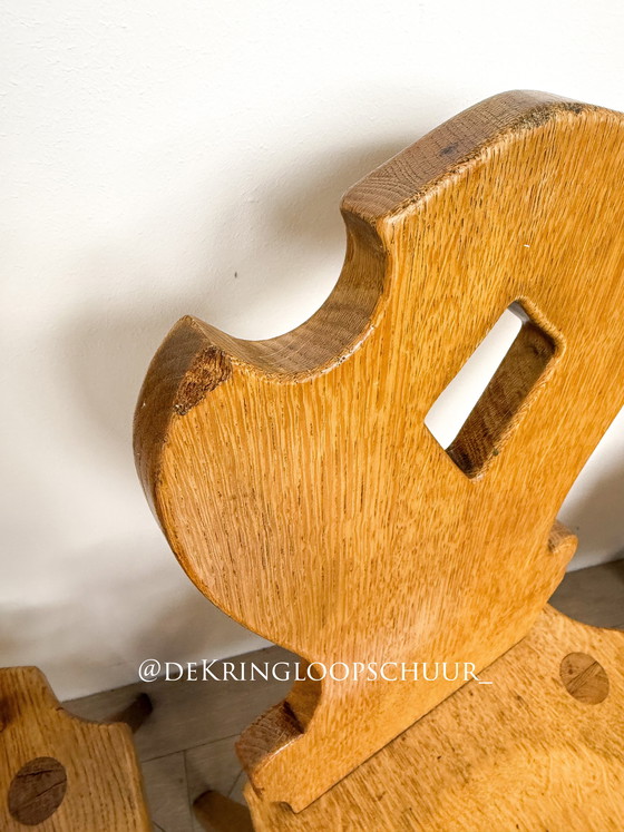 Image 1 of 4x Vintage Brutalist wooden chairs with a diamond pattern