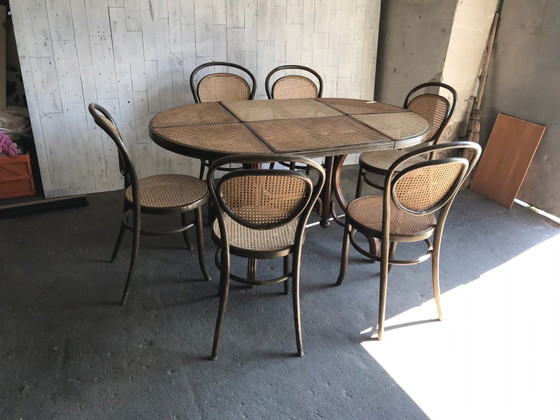 Oval Dining Chairs & Table in Wood Cane, Germany, 1960s, Set of 7 – Dining set, Mid Century Modern (photo 7 of 12)