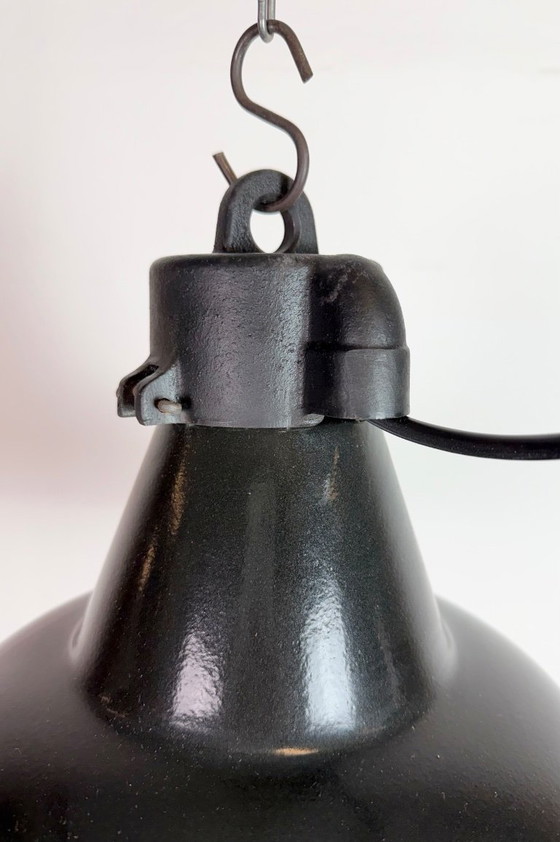 Image 1 of Set of 4 Industrial Black Enamel Factory Lamps with Cast Iron Top, 1950s