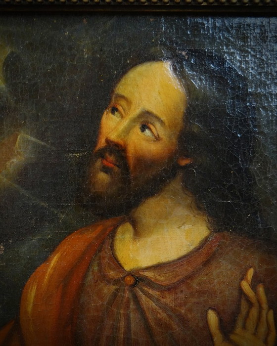 Image 1 of San Giuseppe con in mano un giglio, olio su tela scuola francese del XVIII secolo 51x48 cornice in legno dorato