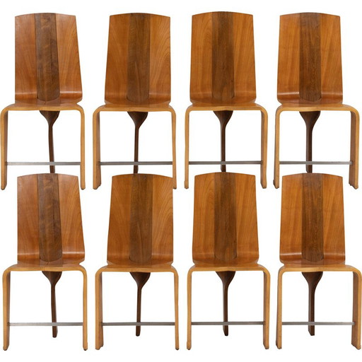 Set of 8 vintage chairs in blond cherry wood, 1980