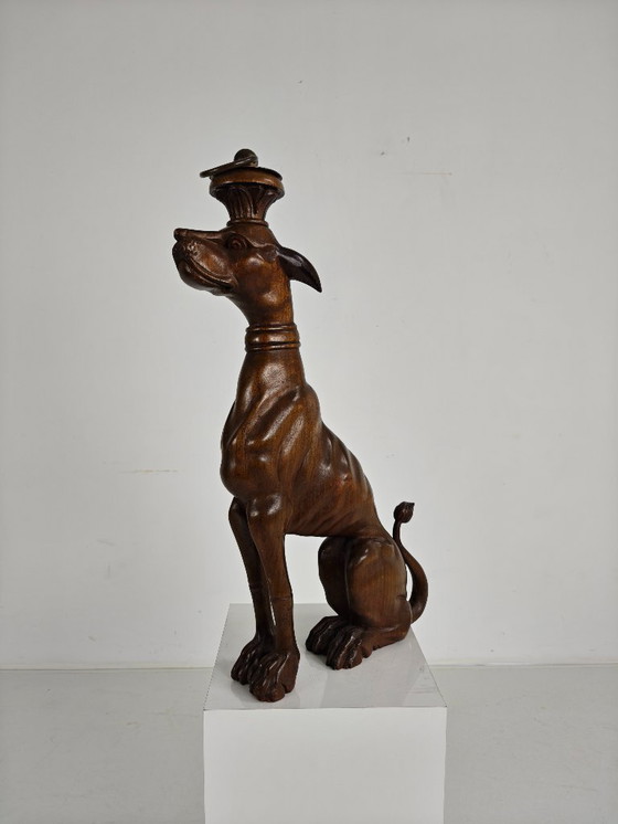 Image 1 of Hand-Carved Wooden Greyhound Statue – 20th Century
