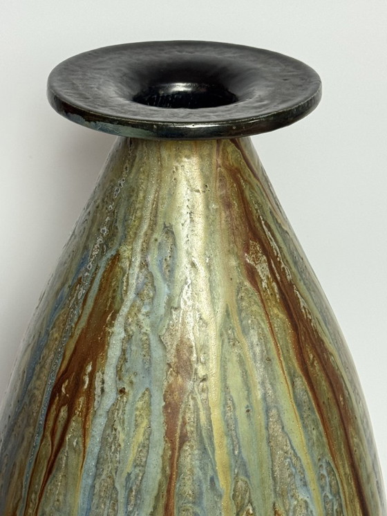 Image 1 of Large Exquisite Early Mid-Century Salt Glaze Stoneware Vase Signed by Guerin with small Neck, 1930s.