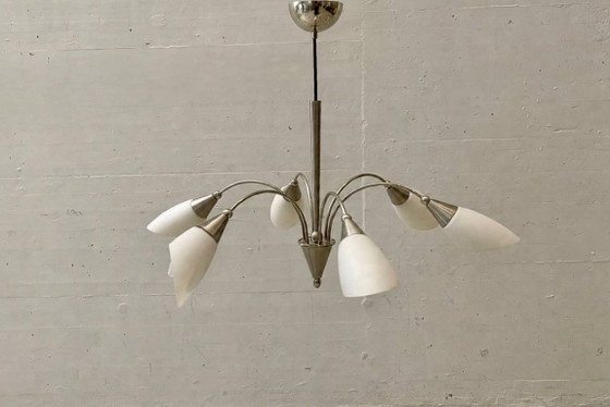 Vintage Kroonluchter met zes tulpvormige glazen kappen, jaren 60 – Glass (photo 7 of 11)