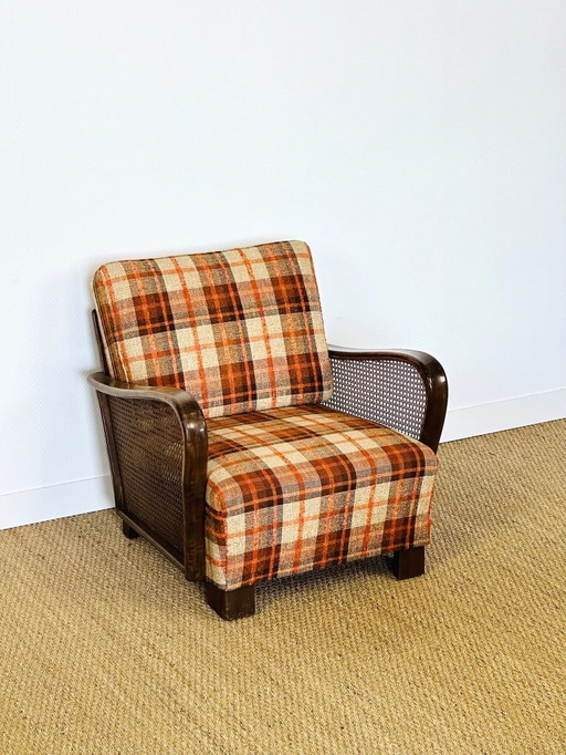 Vintage-Sessel aus Bugholz, Rohrgeflecht und kariertem Stoff, 1960