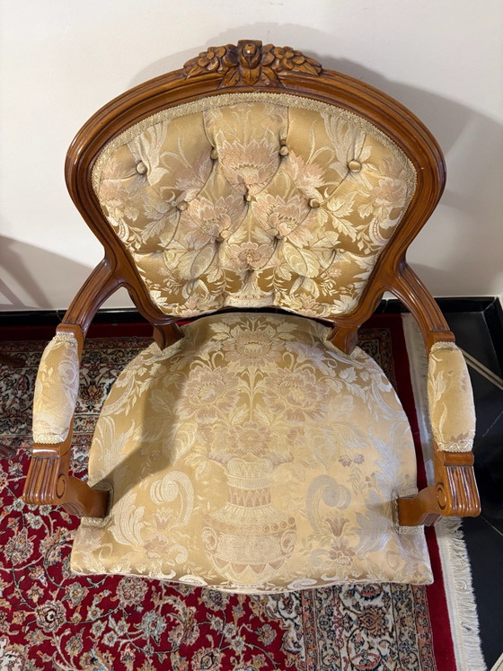 Pair of Vintage Louis XV Style Armchairs - Gold Brocade, Textile, Wood, Beige (photo 5 of 6)