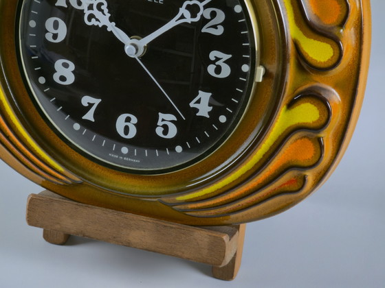 Image 1 of 1970s Vintage KIENZLE Fat-Lava Glazed Ceramic Wall Clock — West Germany Wave-Like Wall Clock.