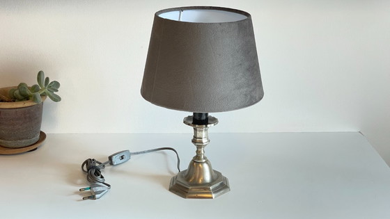 Image 1 of Silver and Velvet Metal Candlestick Lamp