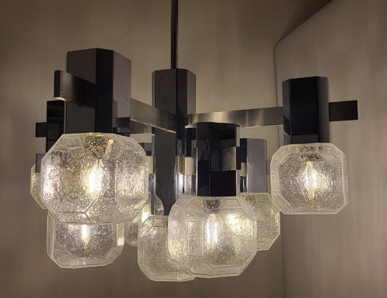 Gaetano Sciolari kroonluchter, 9 lampen, chroom, aluminium, mat glas, Space Age, Brutalisme – Chrome (photo 4 of 12)