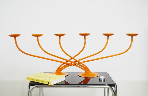 Image 1 of  1970s Orange Candelabra Large Metal Sculptural Mid Century Retro Candle Holder Space Age Statement Centrepiece 