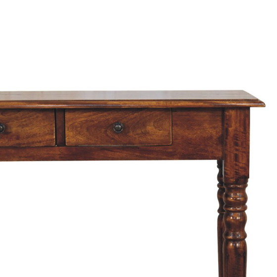 Mangoholz Konsolentisch Chestnut – 3 Schubladen & Gedrechselte Beine – Artisan, Beistelltische, Wood (photo 5 of 9)