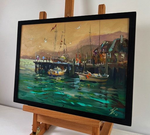 Original Oil Painting Evening Coastal Landscape Yachts in the sea under the gentle sun
