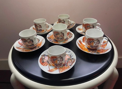 Antigüedad - Japonés Hichozan Fukagawa Imari - Período Meiji - Taza y platillo del guerrero samurái (7+7)