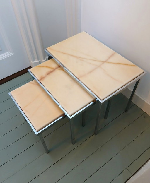 Mini-ensemble 3 pièces style années 50 - Plateau en marbre, piètement chromé