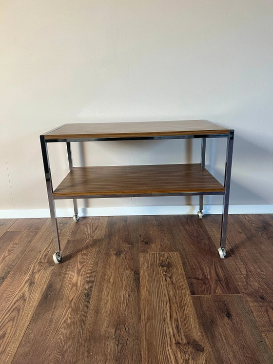 Mid Century Chrome and Teak Formica Serving Trolley, 1970s, Space Age Serving Trolley, Vintage Rolling TV Cart (photo 3 of 9)
