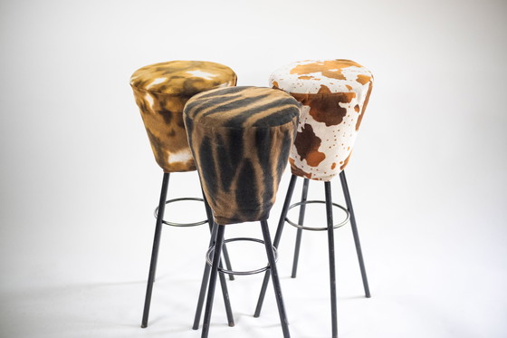 Image 1 of Set of 3 vintage stools - industrial meets animal pattern