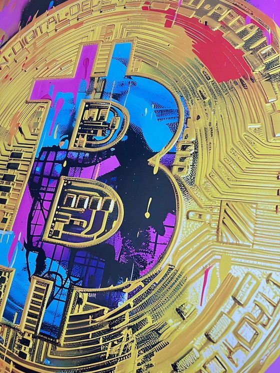 Image 1 of Dine CHANIMA - Bitcoin Pop Art gigante in colori neon - Tela d'artista