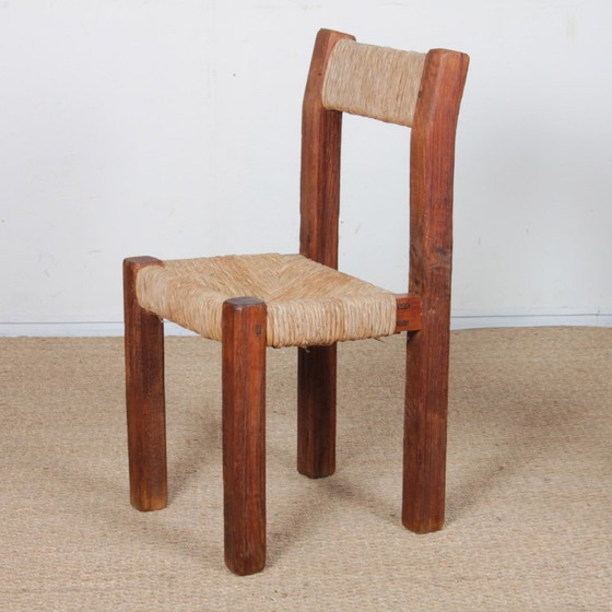 Image 1 of Set van 4 massief houten stoelen met rieten zitting, 1950