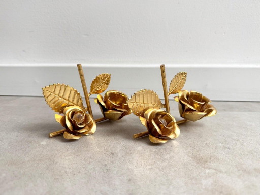 2x Italiaanse Vintage Vergulde Rozen Kandelaars - Hollywood Regency – kandelaars en kaarsen, Gold, Metal (photo 2 of 10)