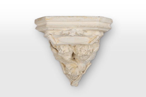 Image 1 of Console murale ancienne en plâtre français avec 3 chérubins, années 1900