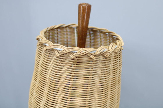 Image 1 of 1960s Parker Knoll Wooden Table Lamp with wicker shade, Britain